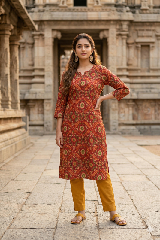 Rust Orange Floral Cotton Kurti (IB0373)