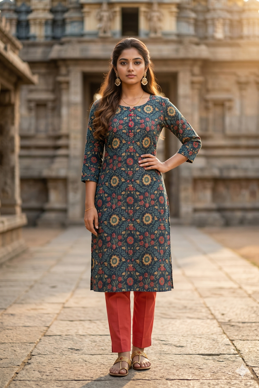Navy Blue Floral Cotton Kurti (IB0379)