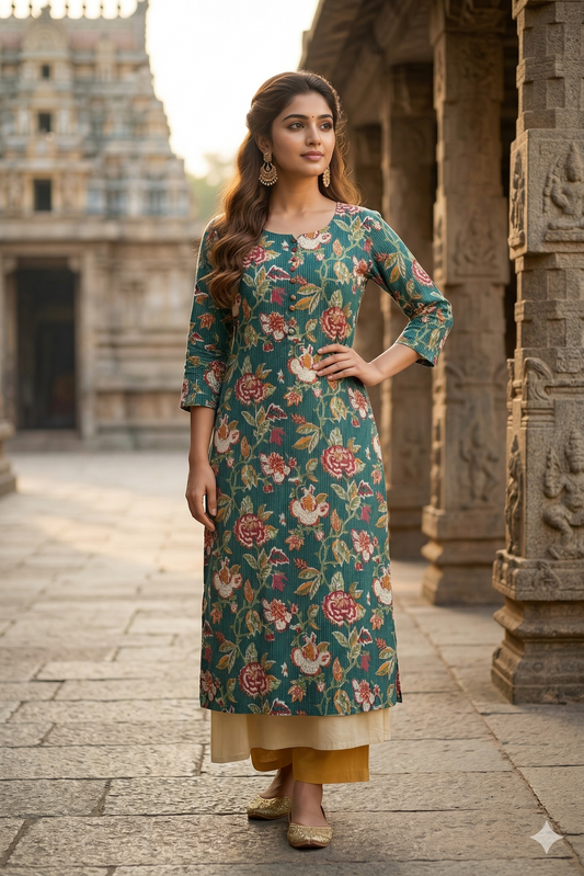 Sea Green Floral Cotton Kurti (IB0382)