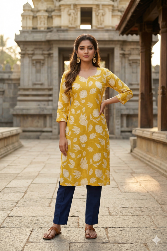 Mustard Yellow Leaf Print Cotton Kurti (IB0391)