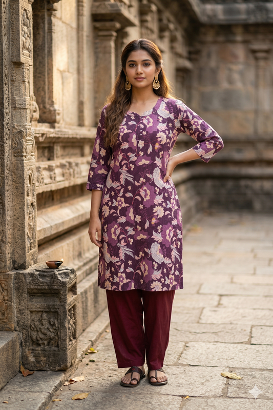 Deep Purple Floral Pure Cotton Kurti (IB0392)
