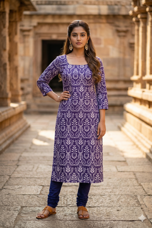 Indigo Purple Floral Cotton Kurti (IB0408)