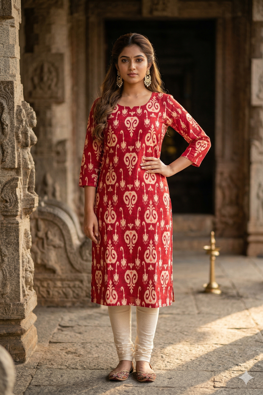 Rust Red Ikat Print Cotton Kurti (IB0410)