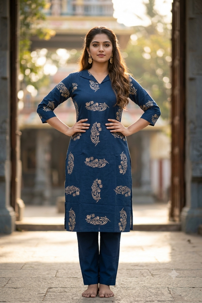 Teal Blue Floral Block Print Cotton Kurti with Collar Neck (IB0482)