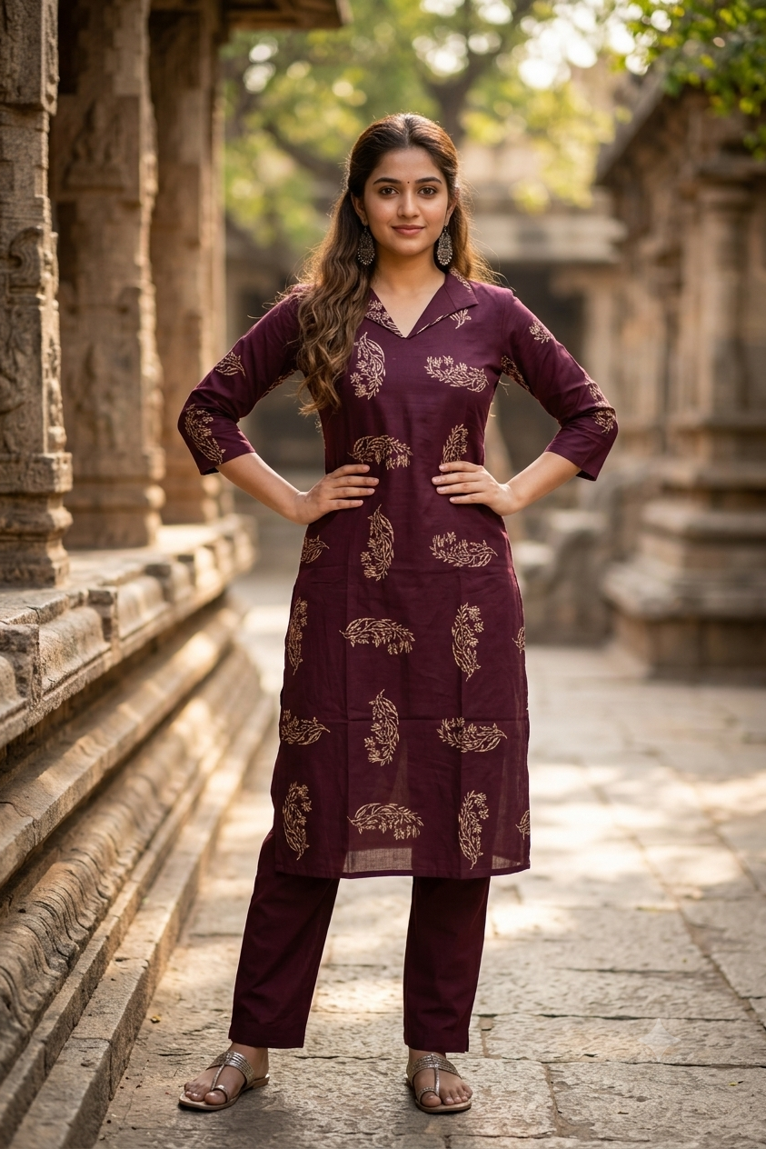 Plum Wine Floral Block Print Cotton Kurti (IB0483)