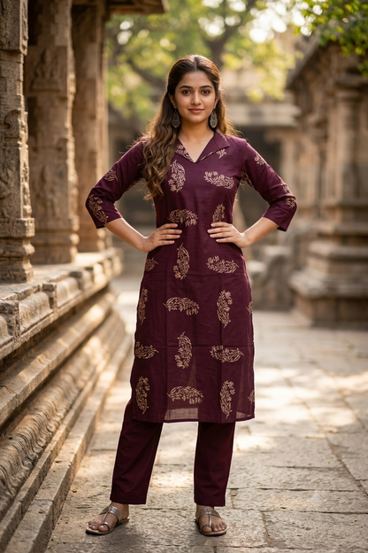 Plum Wine Floral Block Print Cotton Kurti (IB0483)