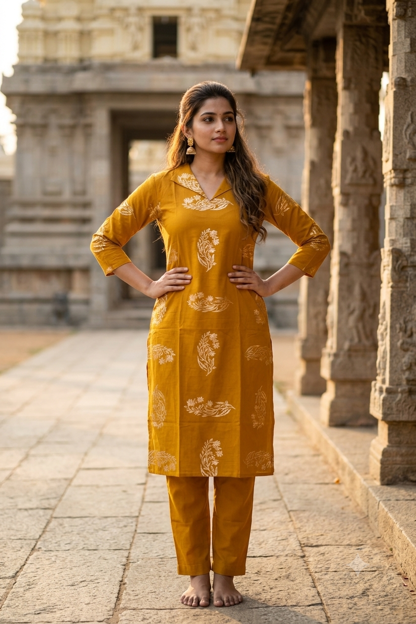 Mustard Yellow Floral Block Print Cotton Kurti (IB0484)