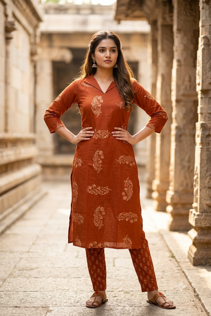 Rust Orange Floral Block Print Cotton Kurti (IB0485)