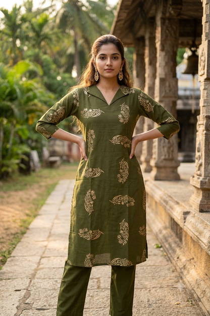 Olive Green Floral Block Print Cotton Kurti (IB0486)