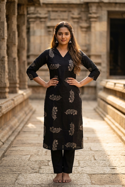 Jet Black Floral Block Print Cotton Kurti (IB0487)