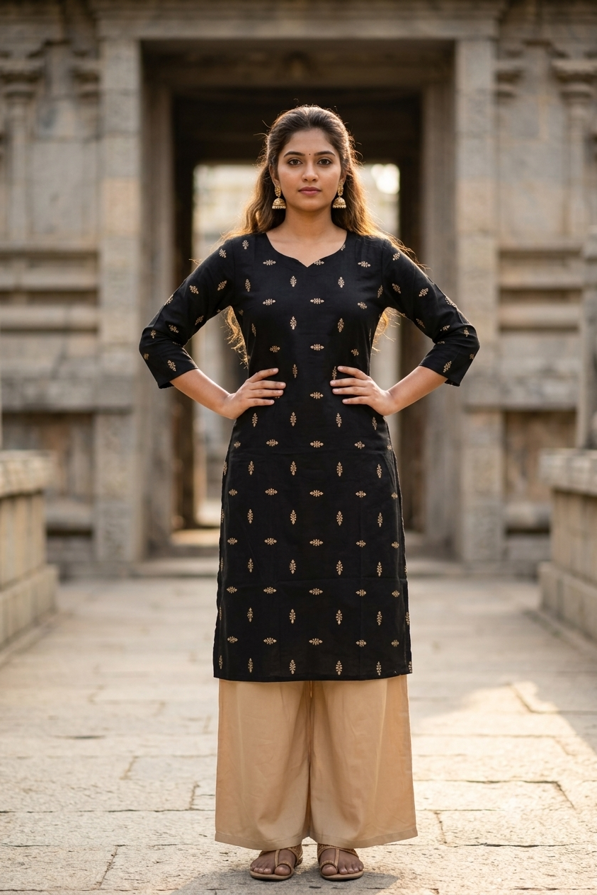 Jet Black Metallic Gold Micro-Bootee Block Print Cotton Kurti (IB0488)