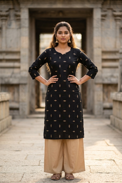 Jet Black Metallic Gold Micro-Bootee Block Print Cotton Kurti (IB0488)