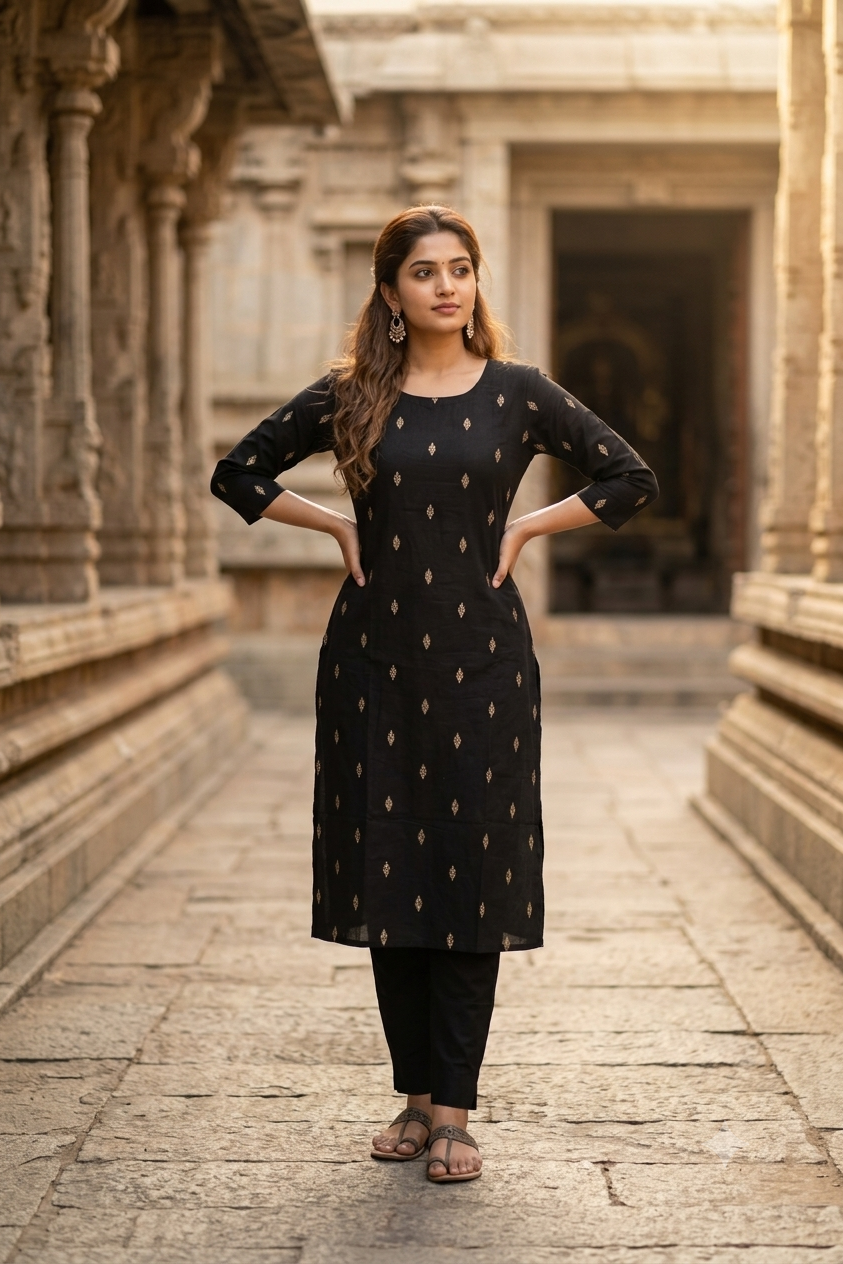 Jet Black Gold Micro-Booti Cotton Kurti (IB0491)