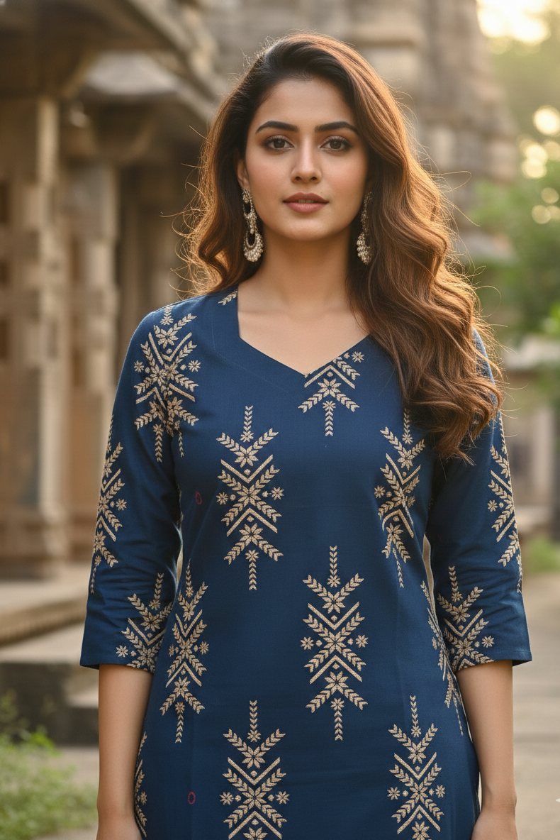 Navy Blue Printed Ethnic Cotton Kurti  (IB0296)