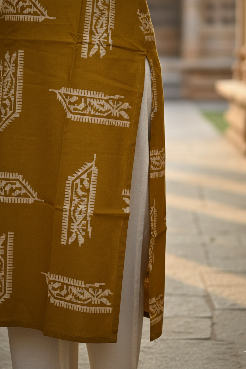 Mustard Yellow Printed Ethnic Cotton Kurti (IB0297)