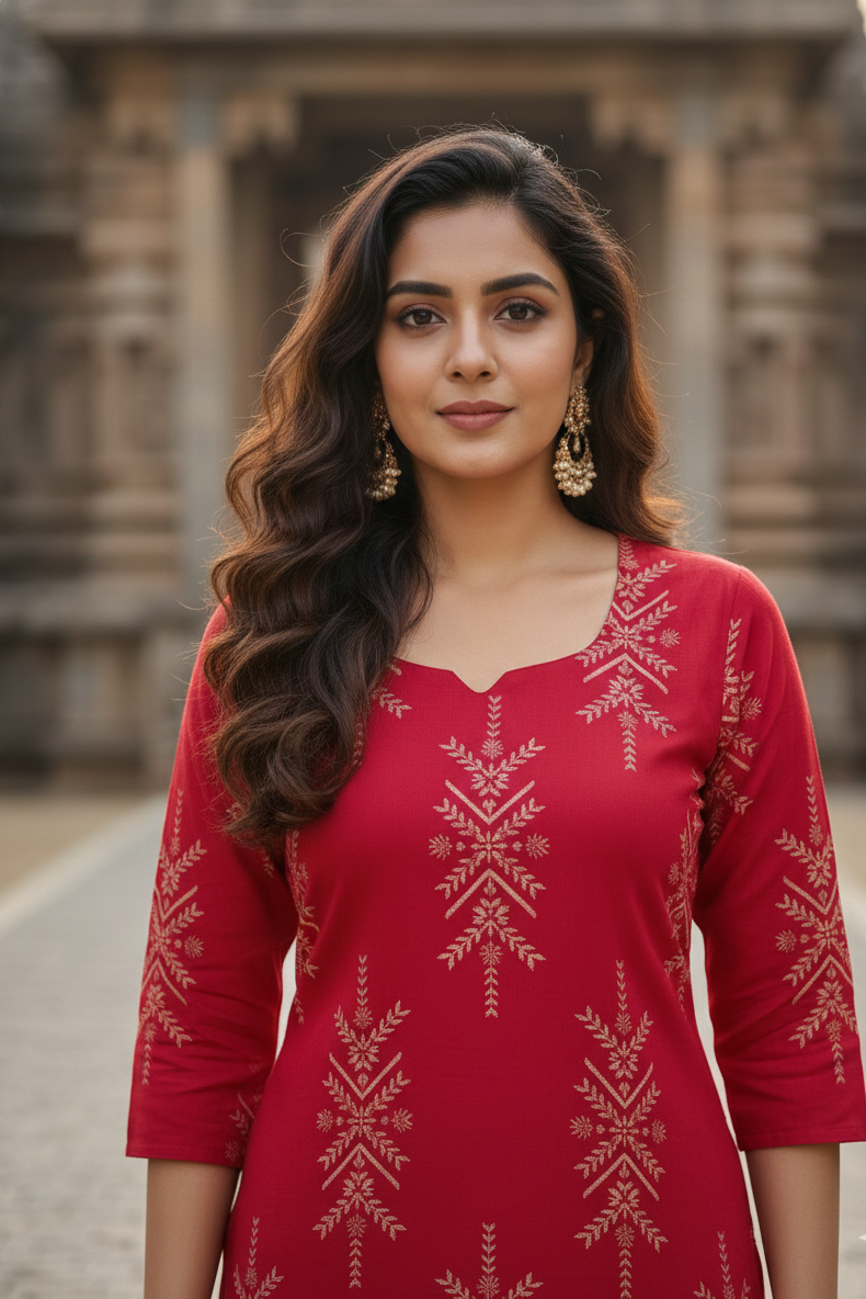 Red Printed Ethnic Cotton Kurti (IB0298)