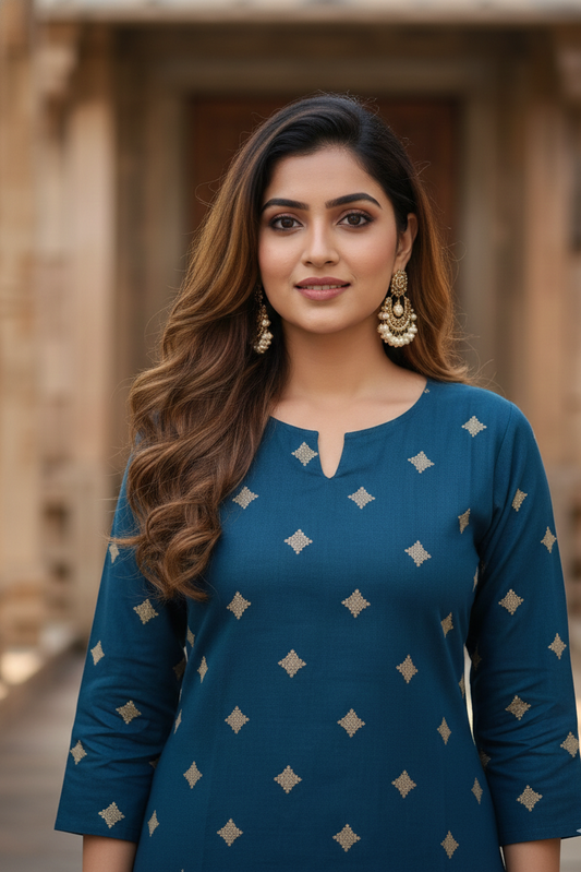 Teal Blue Printed Ethnic Cotton Kurti (IB0299)
