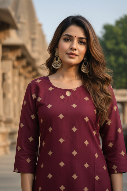 Wine Maroon Printed Ethnic Cotton Kurti (IB0300)