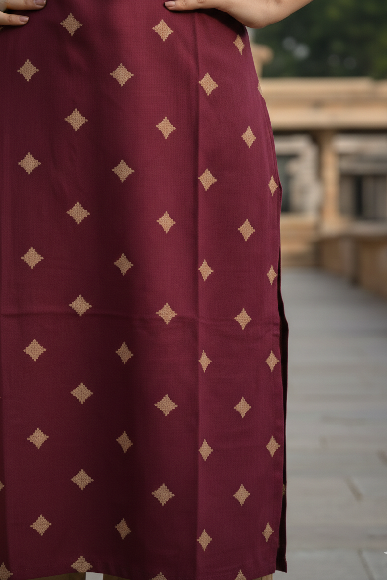 Wine Maroon Printed Ethnic Cotton Kurti (IB0300)