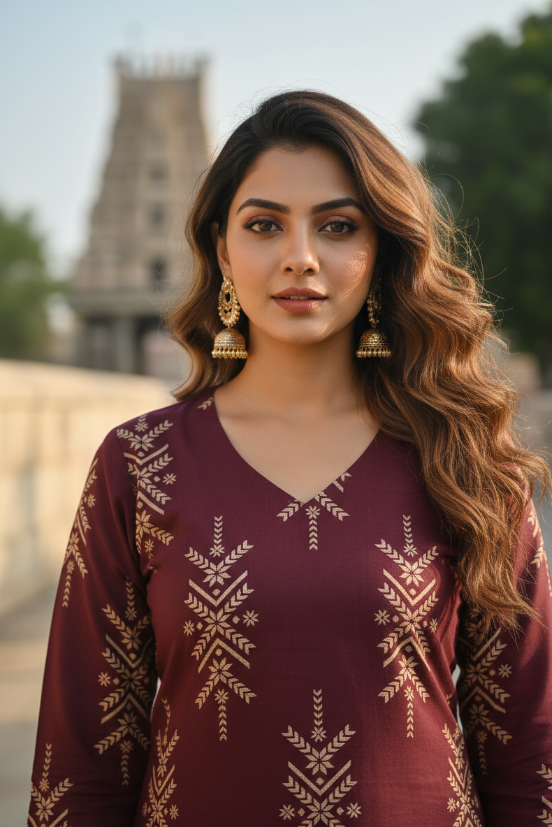 Wine Maroon Printed Ethnic Cotton Kurti (IB0301)