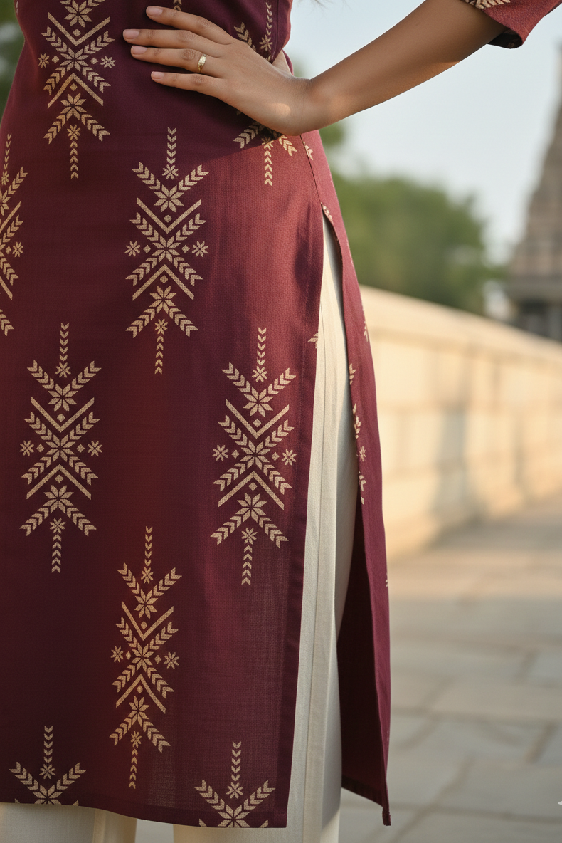 Wine Maroon Printed Ethnic Cotton Kurti (IB0301)