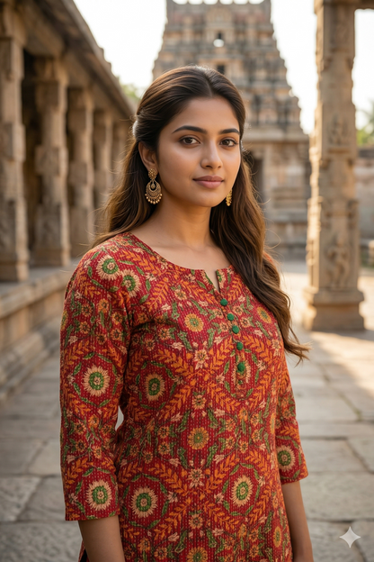 Rust Orange Floral Cotton Kurti (IB0373)