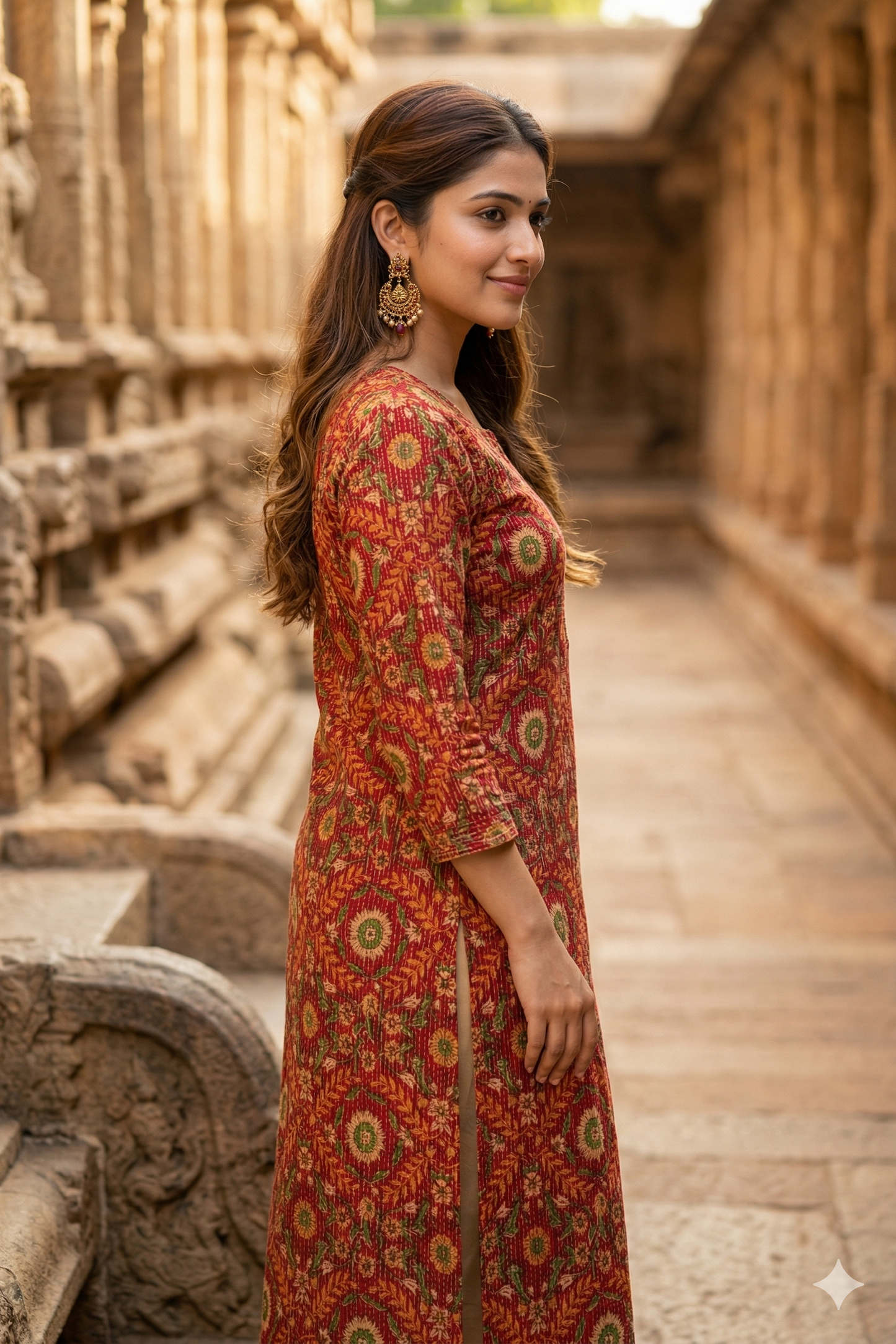 Rust Orange Floral Cotton Kurti (IB0373)