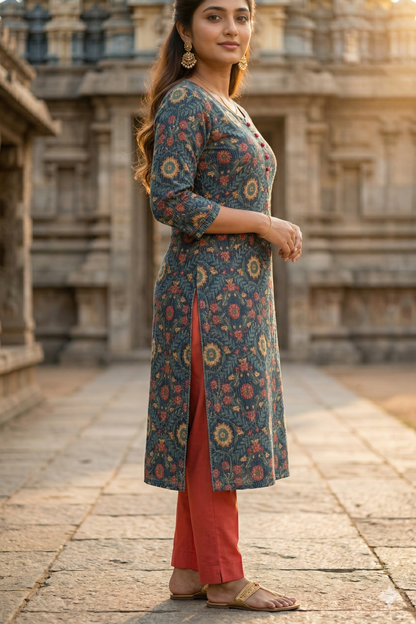 Navy Blue Floral Cotton Kurti (IB0379)