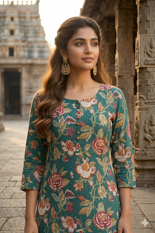 Sea Green Floral Cotton Kurti (IB0382)