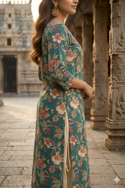 Sea Green Floral Cotton Kurti (IB0382)