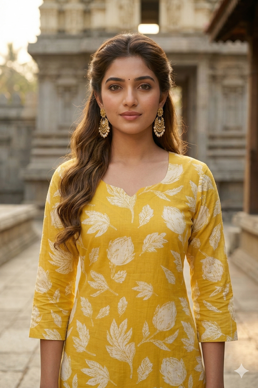 Mustard Yellow Leaf Print Cotton Kurti (IB0391)