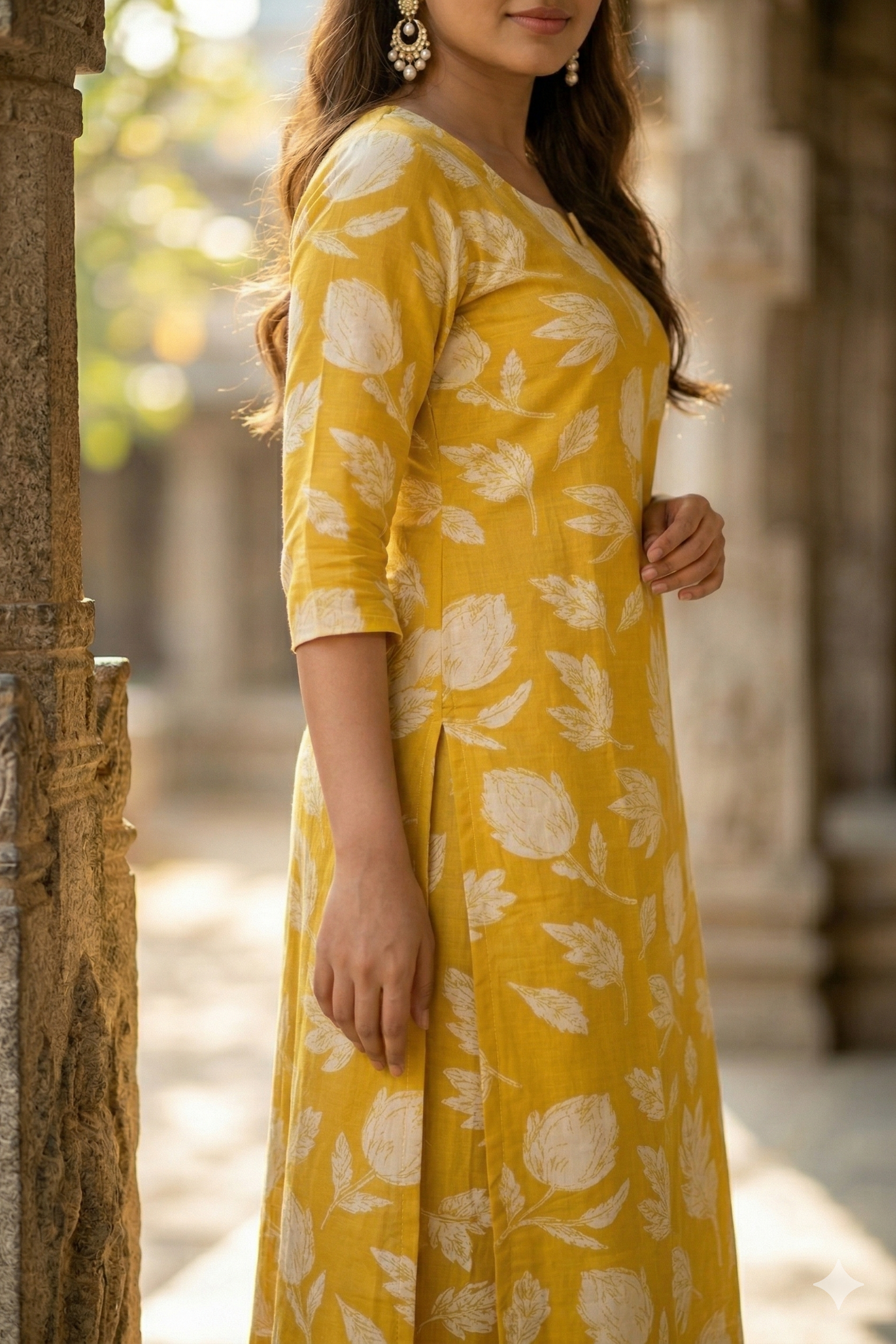 Mustard Yellow Leaf Print Cotton Kurti (IB0391)