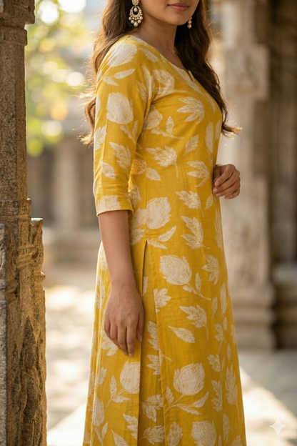 Mustard Yellow Leaf Print Cotton Kurti (IB0391)