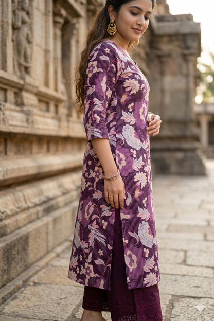 Deep Purple Floral Pure Cotton Kurti (IB0392)
