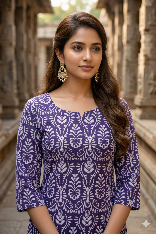 Indigo Purple Floral Cotton Kurti (IB0408)