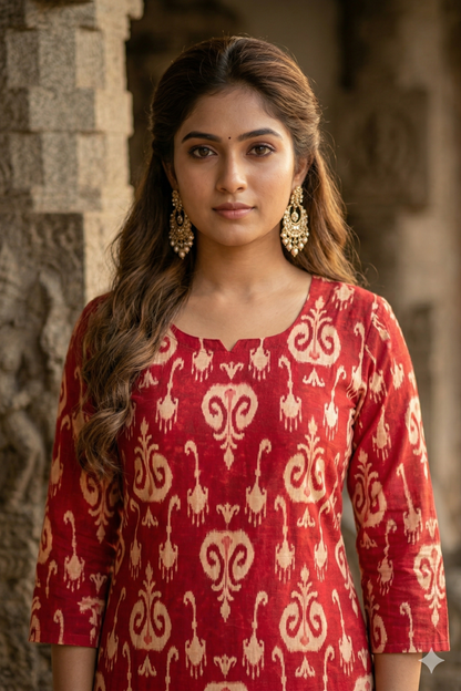 Rust Red Ikat Print Cotton Kurti (IB0410)