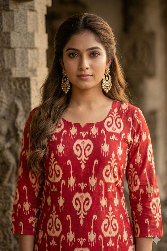 Rust Red Ikat Print Cotton Kurti (IB0410)