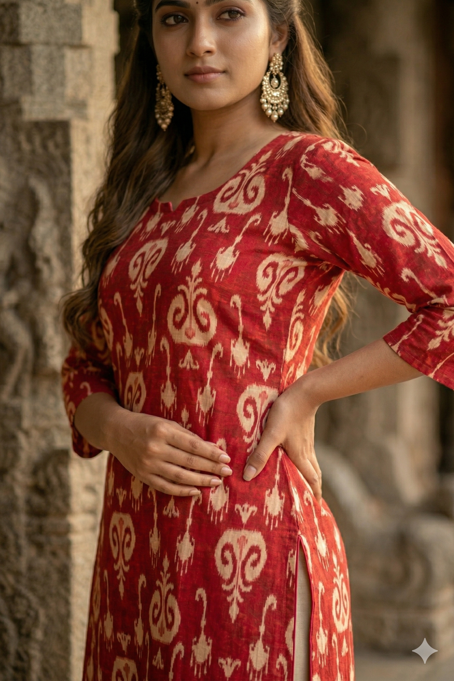 Rust Red Ikat Print Cotton Kurti (IB0410)