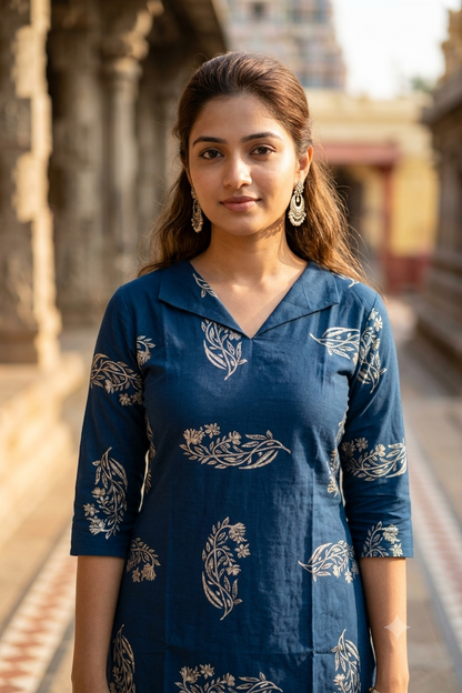 Teal Blue Floral Block Print Cotton Kurti with Collar Neck (IB0482)