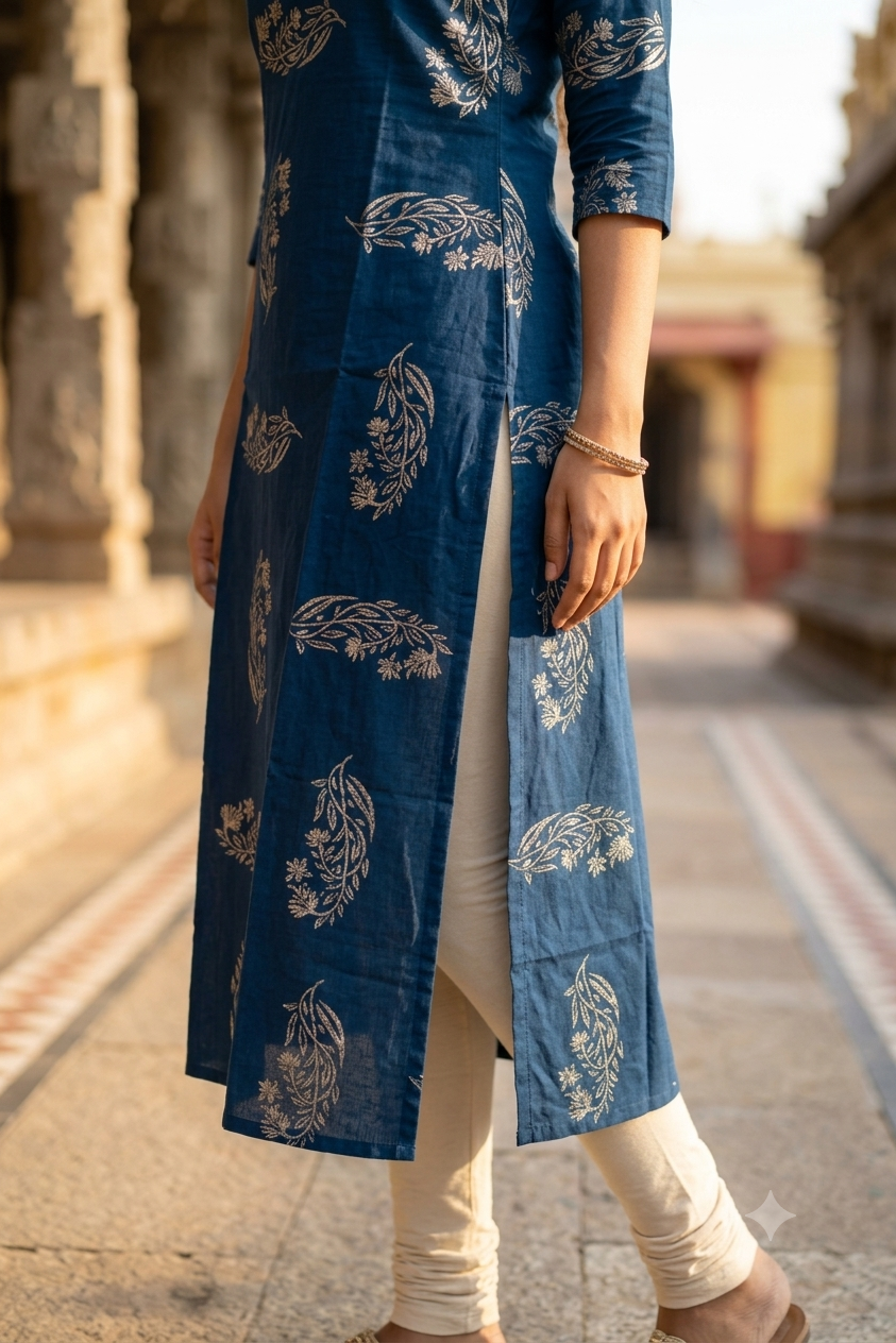Teal Blue Floral Block Print Cotton Kurti with Collar Neck (IB0482)