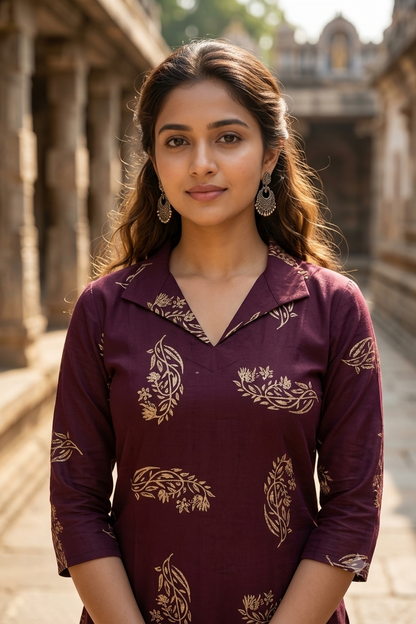 Plum Wine Floral Block Print Cotton Kurti (IB0483)