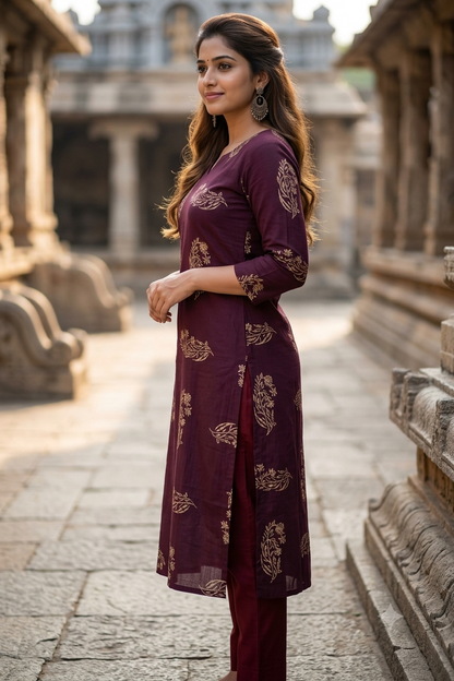 Plum Wine Floral Block Print Cotton Kurti (IB0483)