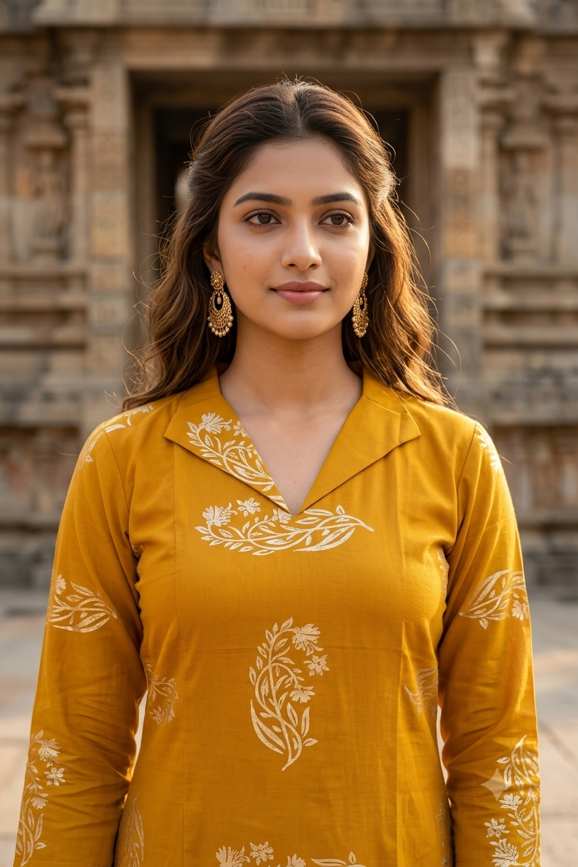 Mustard Yellow Floral Block Print Cotton Kurti (IB0484)