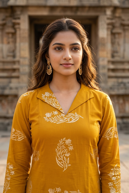 Mustard Yellow Floral Block Print Cotton Kurti (IB0484)