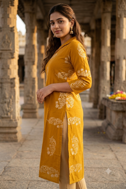 Mustard Yellow Floral Block Print Cotton Kurti (IB0484)