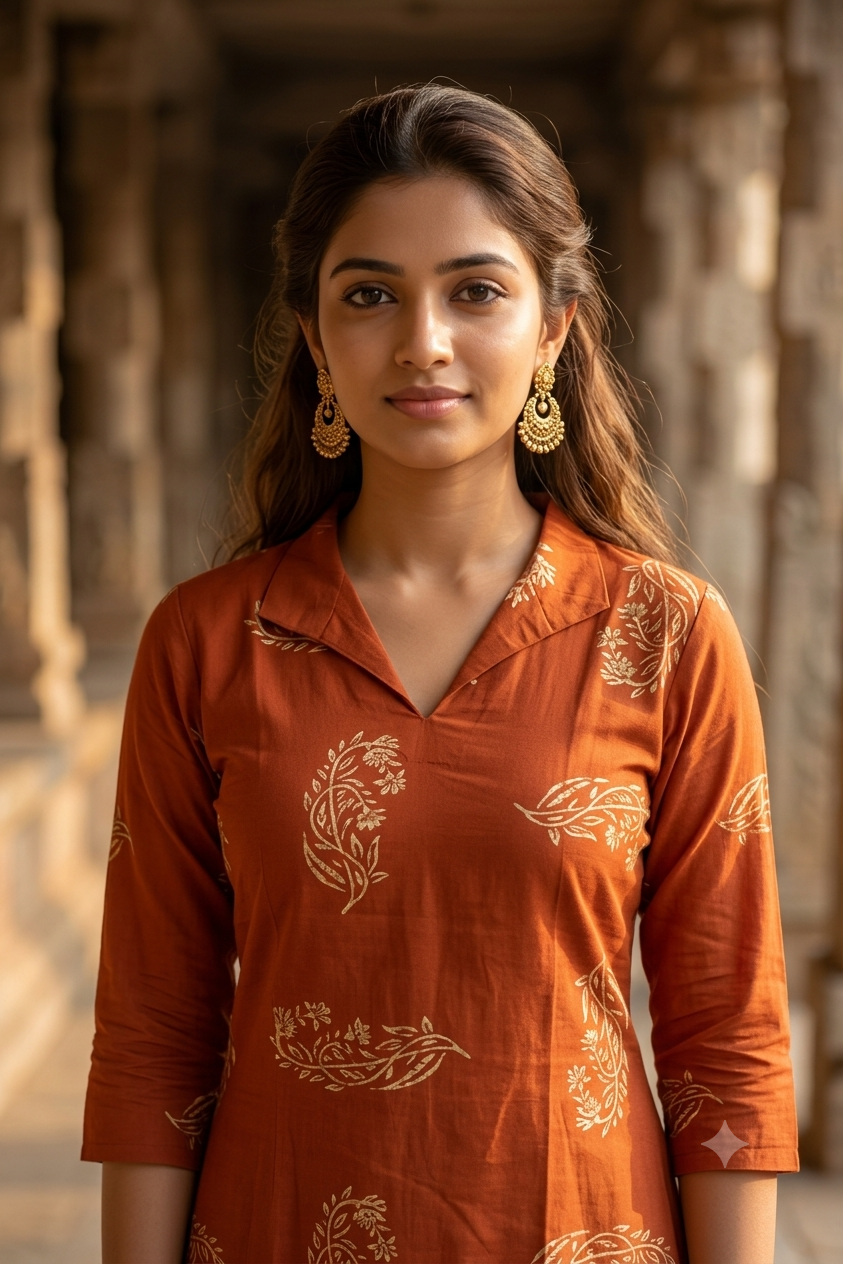 Rust Orange Floral Block Print Cotton Kurti (IB0485)