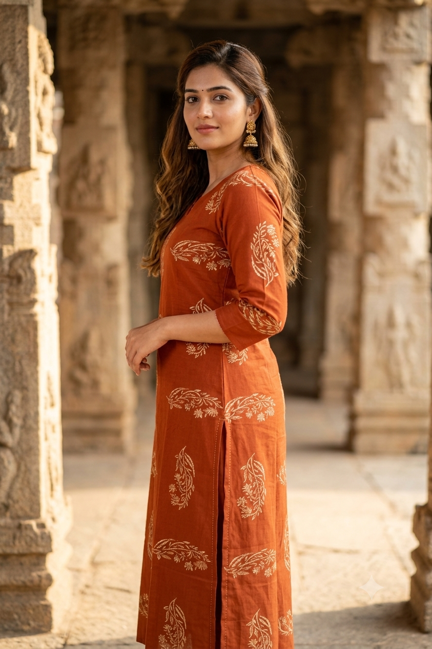 Rust Orange Floral Block Print Cotton Kurti (IB0485)