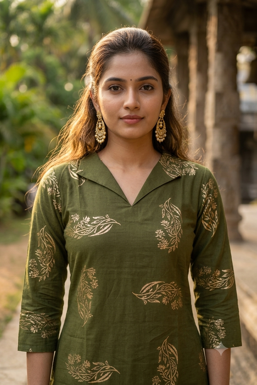 Olive Green Floral Block Print Cotton Kurti (IB0486)