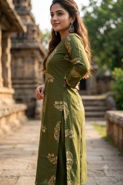 Olive Green Floral Block Print Cotton Kurti (IB0486)