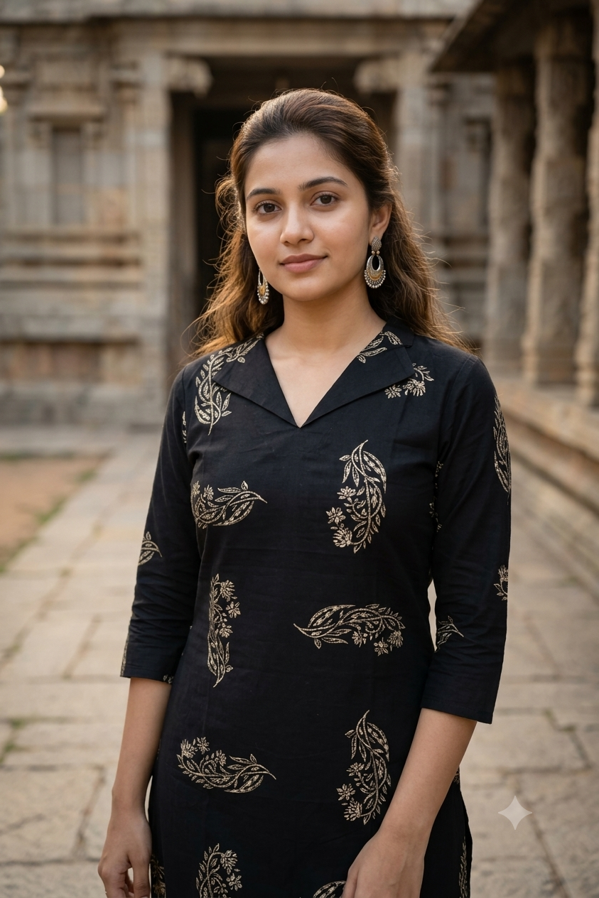 Jet Black Floral Block Print Cotton Kurti (IB0487)